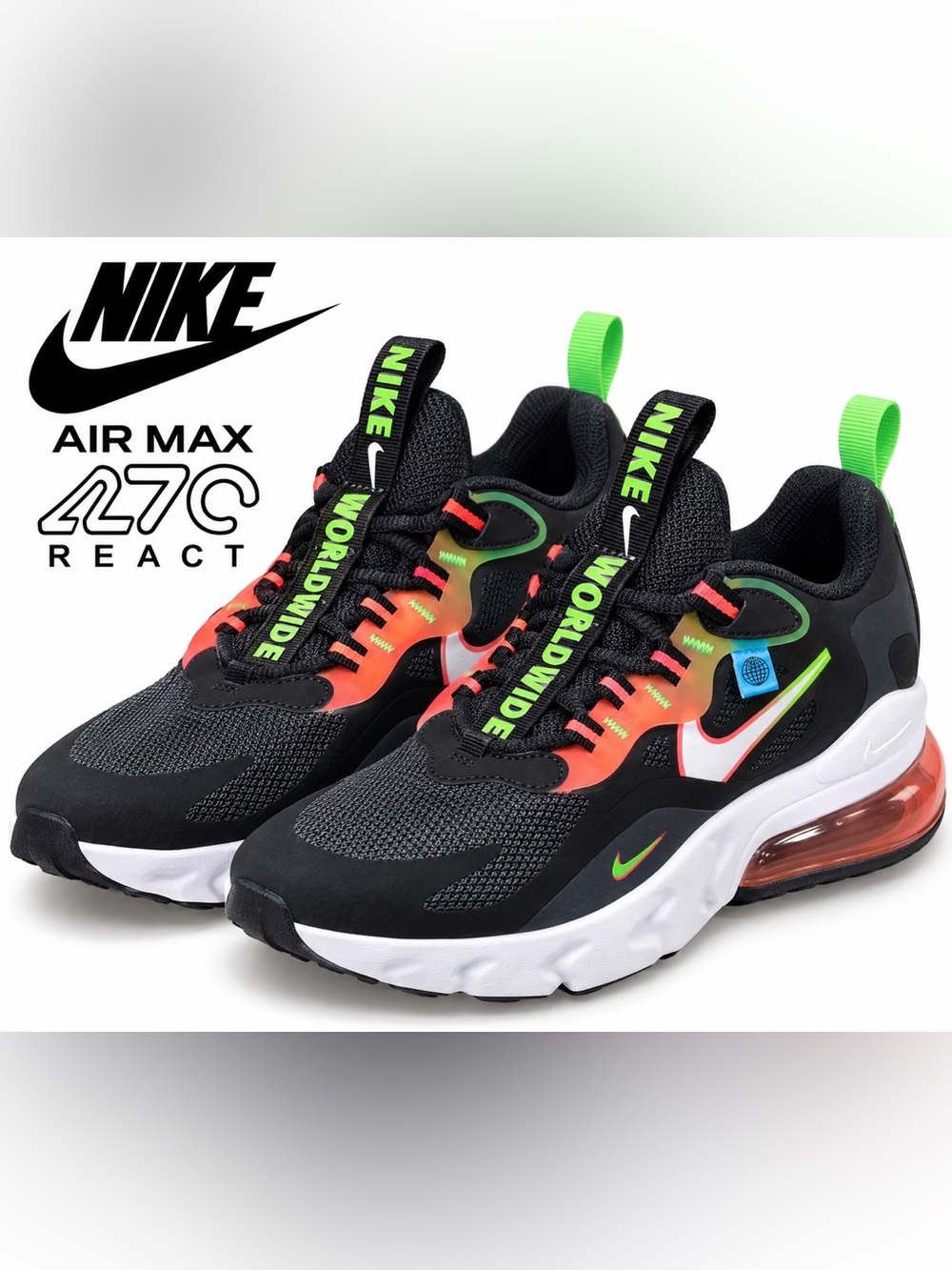 Nike Air Max 270 React GS Black Neon Worldwide DB4676-001 Size 6.5Y NWOB